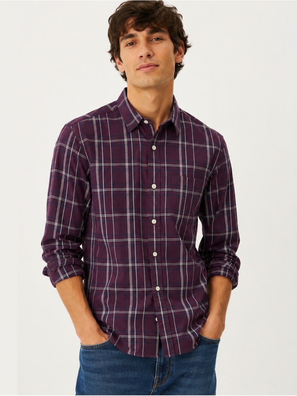 Banana Republic Factory Men's Burgundy Plaid Button-Down Shirt‎